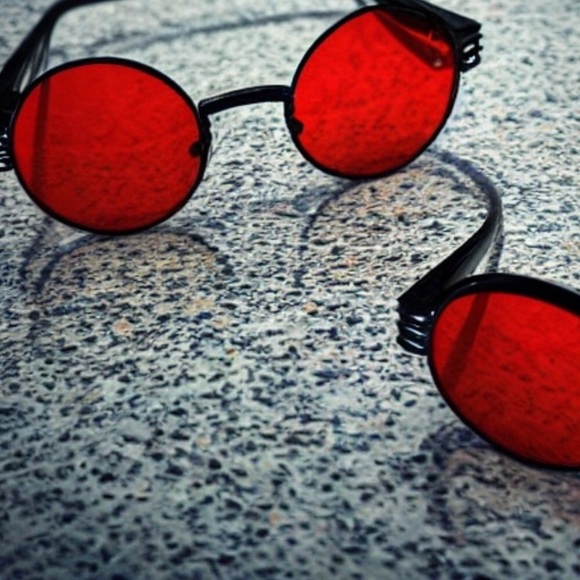 Black & red round shape gothic steam punk sunglasses + black leather pouch - Picture 6 of 15